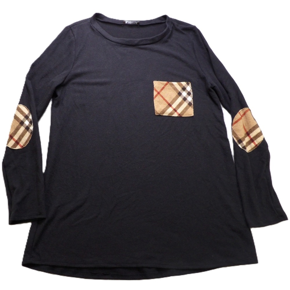 BOMBOM Women Black Top Plaid Pocket Elbow Patches Long Sleeves Crew Neck XL USA